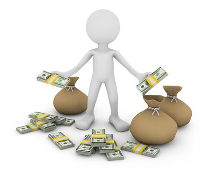 a man with a pack of dollars and bags, 3d render