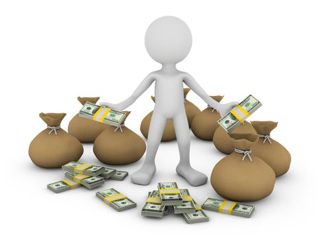 a man with a pack of dollars and bags, 3d render