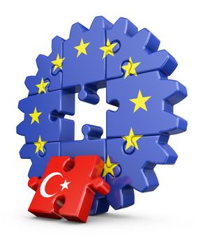 Gear-puzzle with a flag of the European Union and the Turkey.3D render.