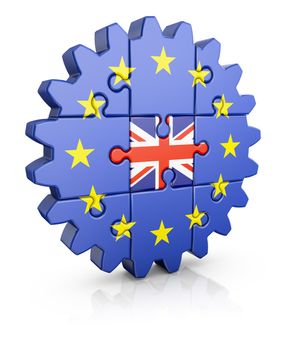 Gear-puzzle with a flag of the European Union and the United Kingdom.3D render.