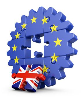 Gear-puzzle with a flag of the European Union and the United Kingdom.3D render.
