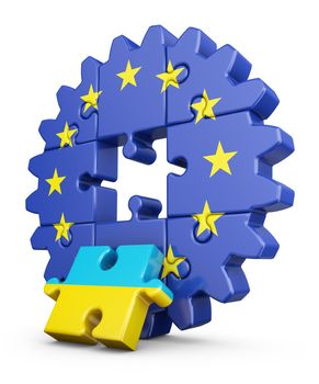 Gear-puzzle with a flag of the European Union and the Ukrainian.3D render.