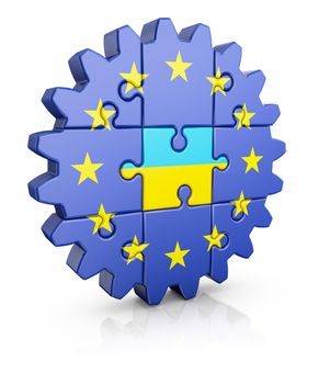 Gear-puzzle with a flag of the European Union and the Ukrainian.3D render.