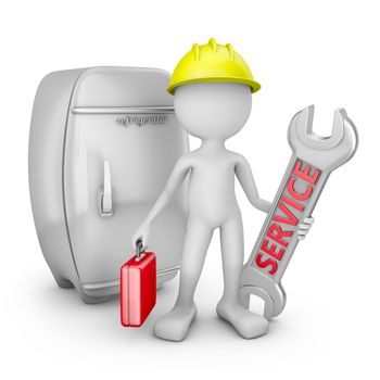 man with wrench and a red suitcase on background refrigerator