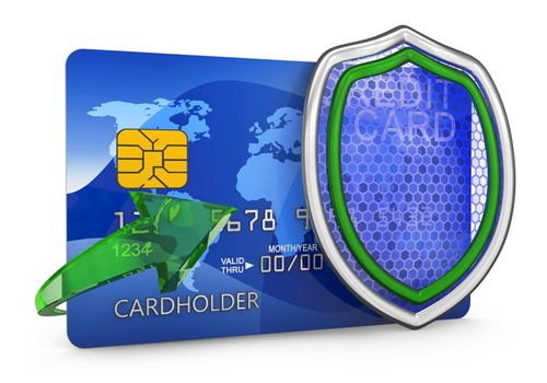 Shield and credit card on a white background. 3D render.
