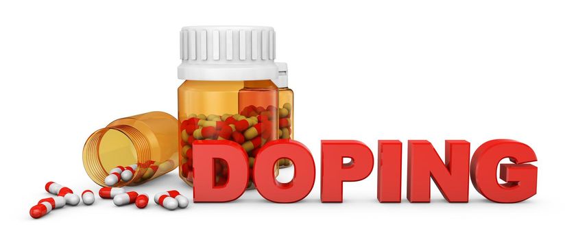 Bottles with capsules and volumetric doping sign, 3d render