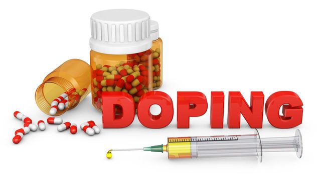 a syringe, a bottle of capsules and volumetric doping sign, 3d render