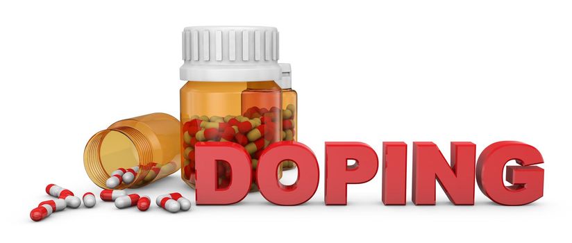 Bottles with capsules and volumetric doping sign, 3d render