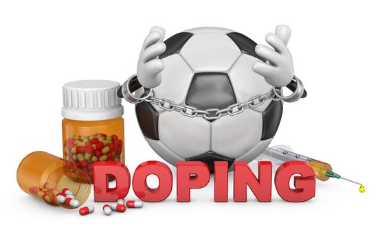 ball in handcuffs with capsules and a syringe, 3d rendering