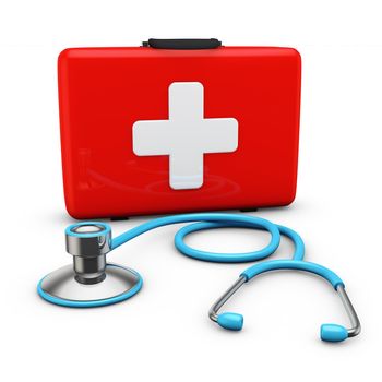 Stethoscope and a red suitcase on a white background, 3d render