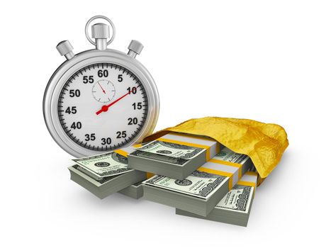 stopwatch and a pack of dollar banknotes in a gold package