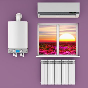 climatic equipment on the wall near a window.3D render.