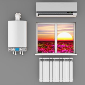 climatic equipment on the wall near a window.3D render.