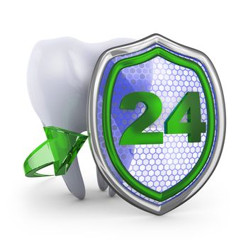 The tooth and shield on white background. 3D render.