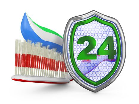 Toothbrush and a shield on a white background. 3D render.