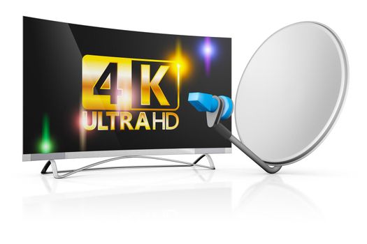 modern 4k TV and a satellite dish on a white background