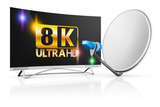 modern 8k TV and a satellite dish on a white background