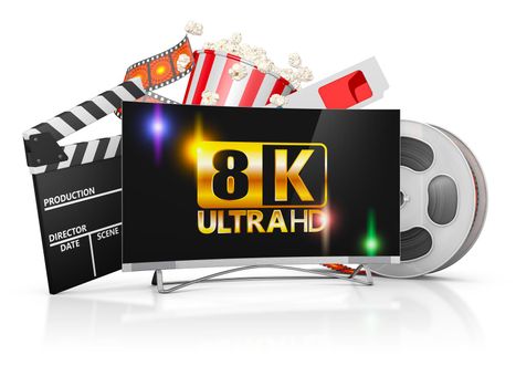 8K TV, popcorn and film strip on a white background
