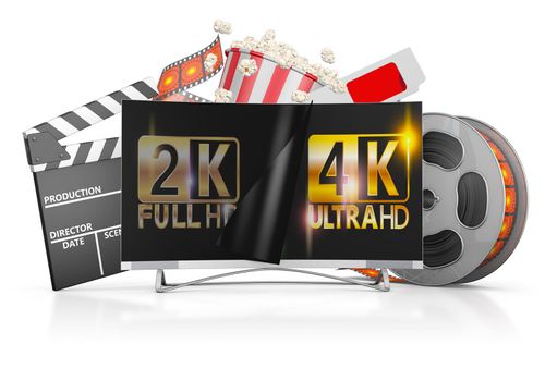 4K TV, popcorn and film strip on a white background