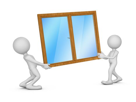 two people are holding a window 3d render