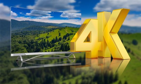 Ultra HD TV with a view of the mountains, 3D render.