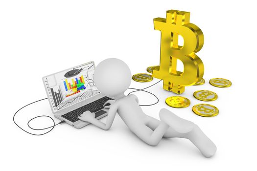 man with a laptop that is connected to the symbol bitcoin