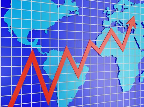 Blue world map and red graph - 3d render