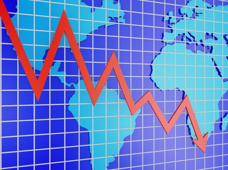Blue world map and red graph - 3d render