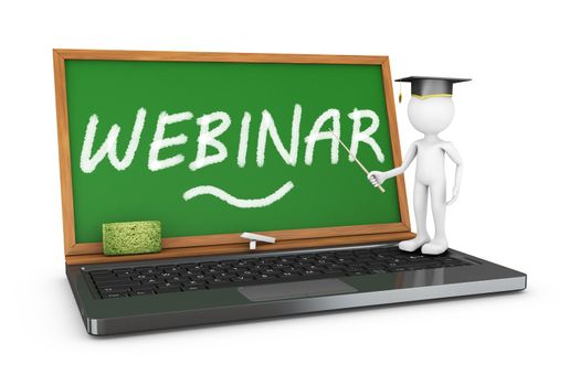 man is pointing at a chalk board with inscription webinar