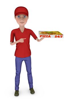 young boy holding a box of pizza on a white background