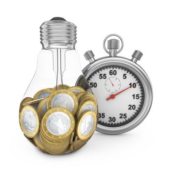 incandescent light bulb filled euro coins and stopwatch