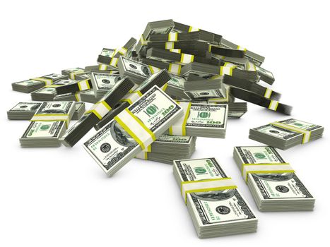 bunch packs of dollars on a white background