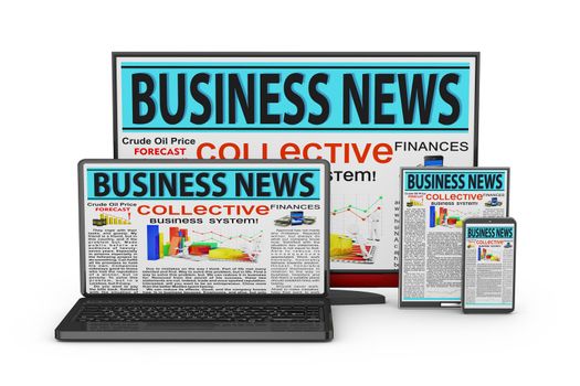 Laptop, monitor, tablet and smartphone with business news on screen.
