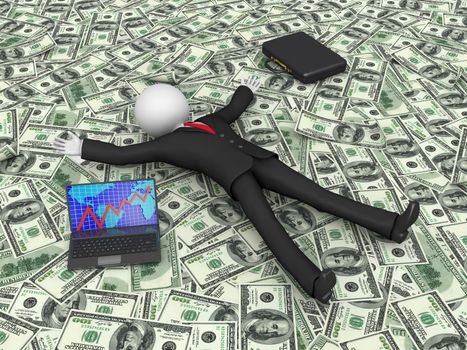 the cartoon businessman lying on the dollar