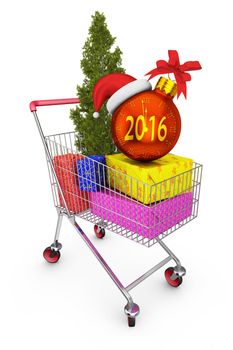 cart with gifts and a clock in the form of a ball