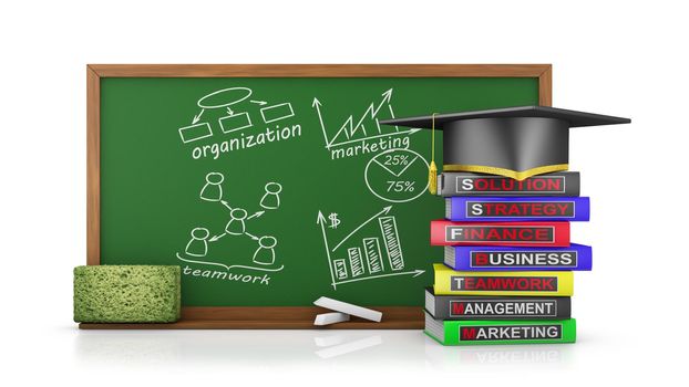 chalk board with painted concepts and books for business training