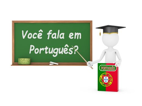 Man, Portuguese book with a flag and a chalk board on which is written - Do you speak Portuguese?