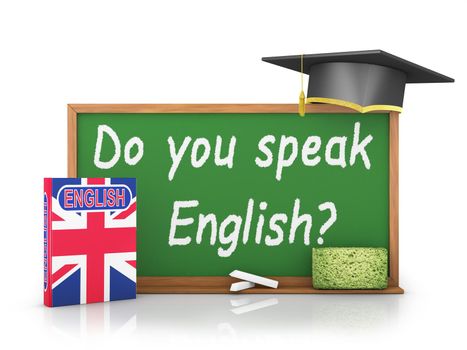 English book with a flag and a chalk board on which is written -  Do you speak English?