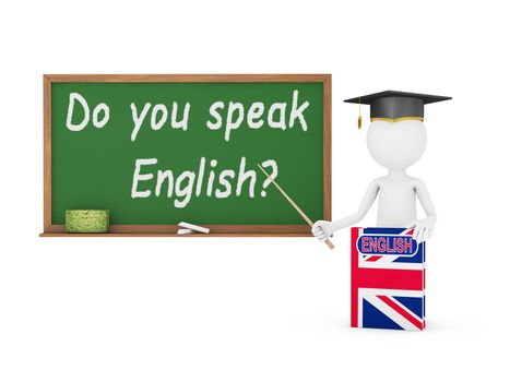Man, English book with a flag and a chalk board on which is written -  Do you speak English?
