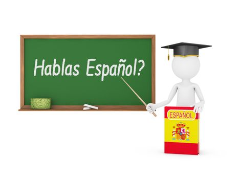 Man, Spanish book with a flag and a chalk board on which is written - Do you speak in Spanish?
