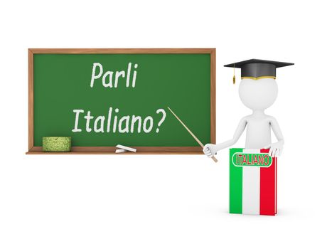 Man, Italian book with a flag and a chalk board on which is written - Do you speak Italian?