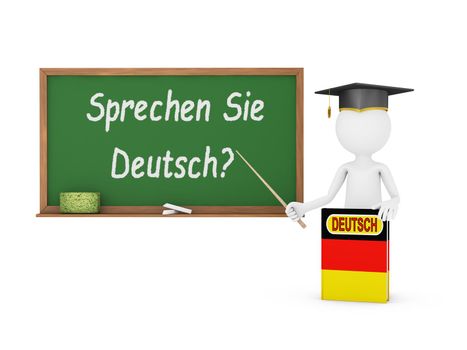 Man, German book with a flag and a chalk board on which is written - Do you speak German?