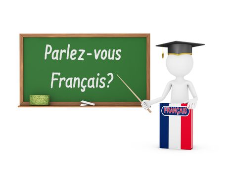Man, French book with a flag and a chalk board on which is written - Do you speak a French?