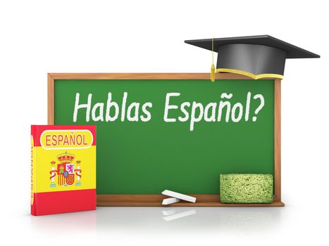 Spanish book with a flag and a chalk board on which is written - Do you speak in Spanish?