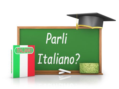 Italian book with a flag and a chalk board on which is written - Do you speak Italian?