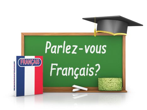 French book with a flag and a chalk board on which is written - Do you speak a French?