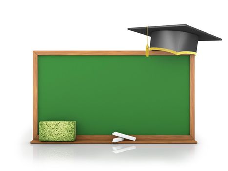 chalk board and graduate cap on a white background