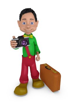 cheerful cartoon boy with a camera and a suitcase