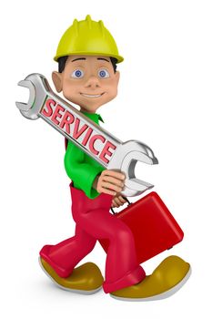 cheerful character with a helmet on his head and a wrench with the inscription service