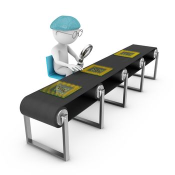 man with a magnifying glass looking at a chip on the assembly line